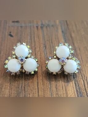 Vintage Kramer Milk Glass & AB Crystal Clip On Earrings